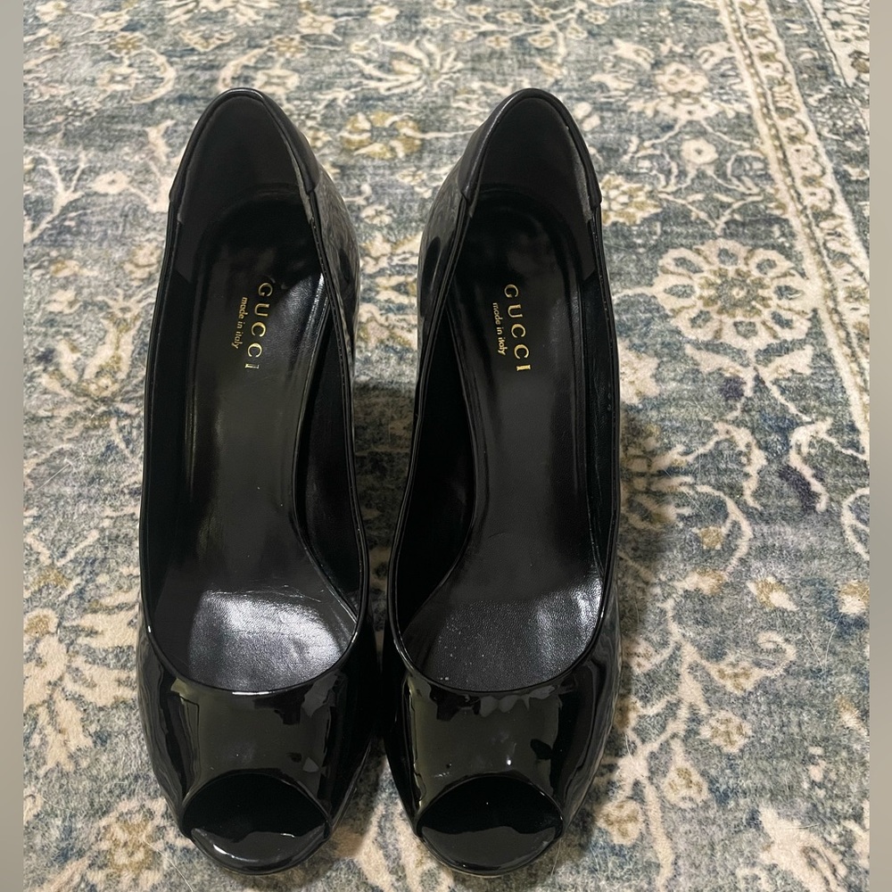 Black Gucci Peep Toe Wedges